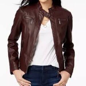Jou Jou Faux Leather & Fur Maroon Brown Bomber Jacket MACYS Sz Medium